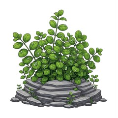 Green bush with water droplets on leaves growing on rocks