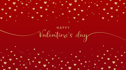 バレンタイン背景　ハッピーバレンタインの文字と金のハートのフレーム　赤背景