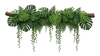 Lush green monstera and fern foliage with hanging vines