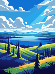 Vibrant vector illustration of a serene landscape featuring rolling green hills, a tranquil blue lake, and a clear sky with fluffy white clouds, perfect for nature and travel themes © PDWN Creative