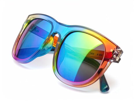 Rainbow-tinted sunglasses on white background, angled view