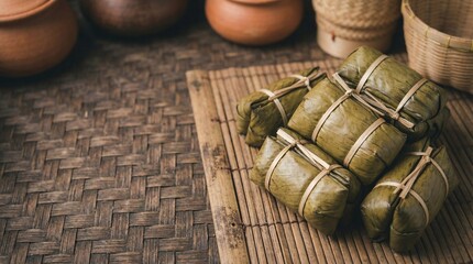 Traditional food wrapped in green leaves on bamboo mat