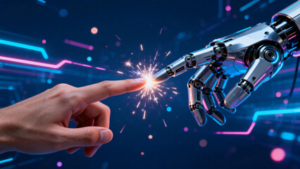 Human hand touching robotic hand with spark effect against digital background