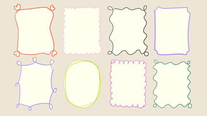 Doodle childish frames set. Colorful wavy shaped frames. Hand drawn vector illustration.