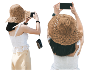 Rear view of young adult asian woman traveller using smartphone taking photo cutout isolated transparent background