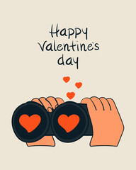 Сute Valentine&rsquo;s Day greeting card with doodle hands holding binoculars searching for love. Hand drawn poster. Cartoon isolated vector illustration