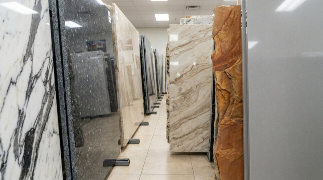 Vast selection of premium granite, marble, and quartz slabs neatly displayed in a showroom, ideal for home renovation, countertops, and interior design