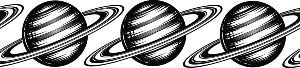 Saturn planet seamless border illustration, ringed celestial pattern design, monochrome vector artwork for astronomy, science, space backgrounds and educational graphics © MstNur