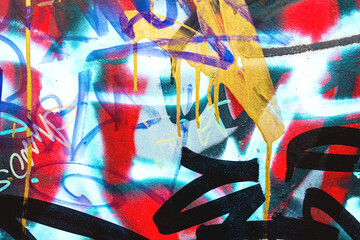 Colorful street graffiti with dripping paint in red, blue, yellow, black. Urban 90s, Y2K style, fluorescent colors. Poster, digital art, creative banner visual, modern 2000s, y2k creative banner © Aleksandra Konoplya