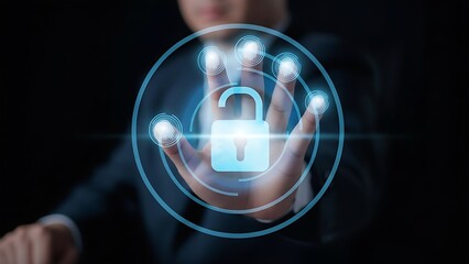 Hand interacting with a digital padlock and glowing security interface