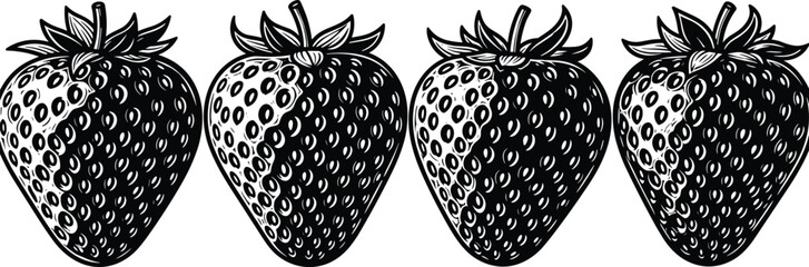 Strawberry seamless border illustration, ripe berry pattern design, vintage engraved style, bold monochrome vector artwork for food branding, packaging, textile backgrounds © MstNur