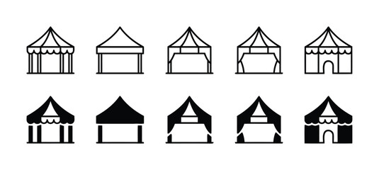 Set of outdoor event tent icons for camping stall market stand and festival venue on isolated white background in simple line design © Dreamscaretion