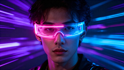 A person wearing futuristic neon goggles with glowing pink and blue lights, set against a dynamic background of streaking purple and blue light trails.