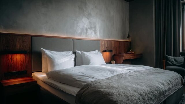 An empty bed in modern hotel room