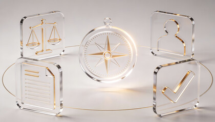 3d glass icons for ai assisted decision making and legal guidance featuring a glowing golden compass scales of justice user profile document and verified checkmark