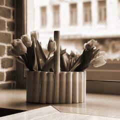 Tulips Still Life Window Closeup Sepia. Wooden Basket Interior Vintage Monochrome