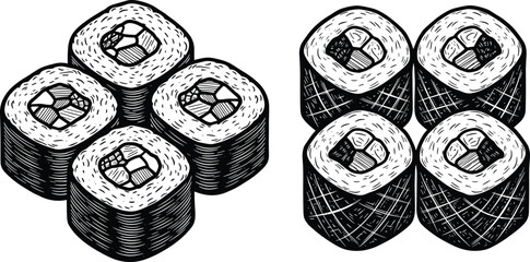 Sushi rolls vector illustration, Japanese food maki and nori rolls set, black and white hand drawn style, traditional cuisine artwork © MstNur