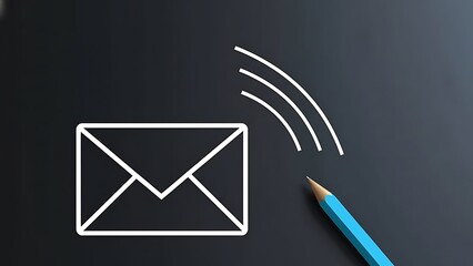 A simple drawing of an envelope and pencil on a dark surface