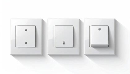 Three white, square electrical light switches in a row, with long shadows