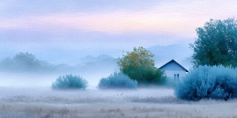 a beautiful autumn landscape with a field with trees and bushes on which there is a house, a foggy sky