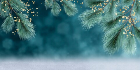 a dark teal background with christmas lights and pine branches framing the edges, with gold glittery accents