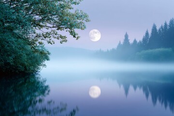 a dark lake shrouded in fog, surrounded by trees and a full moon shining on the water's surface. the scene is eerie and mysterious, with soft lighting creating an atmosphere of mystery.