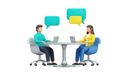 Two people collaborating with laptops and speech bubbles