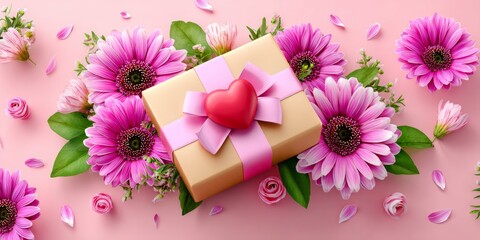 Beautifully Wrapped Gift with Heart Shaped Bow Surrounded by Fresh Floral Accents