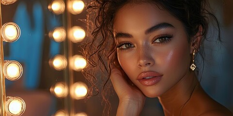 Woman with long wavy hair applies makeup using a stick near illuminated round mirror surrounded by soft lights in cozy indoor setting. Generative by AI.