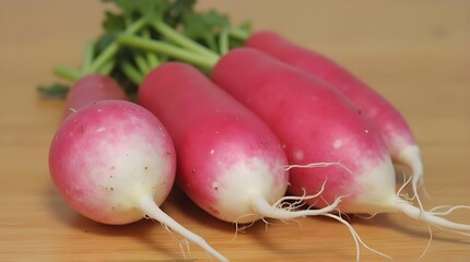 Four pink French Breakfast Radishes