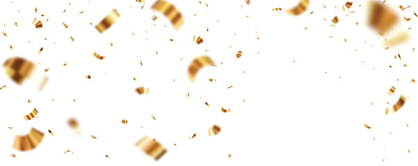 Flying Blurred Gold confetti and ribbon, isolated on white background