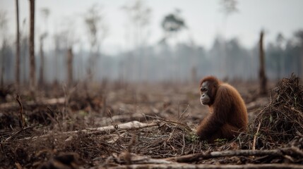 Heartbreaking scene of an orangutan amidst forest with copy space