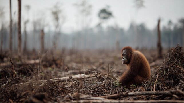 Heartbreaking scene of an orangutan amidst forest with copy space