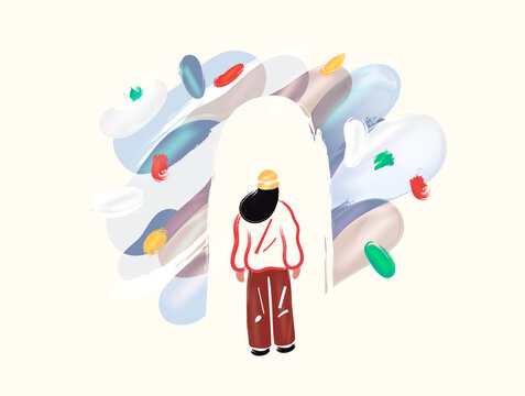 A person standing in front of a bright doorway surrounded by colorful 