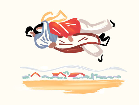 Couple walking together with sweeping abstract motion lines