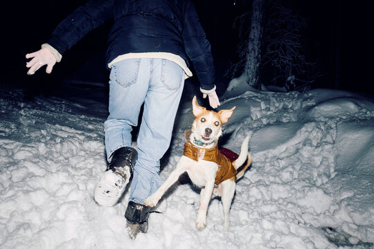 Woman has fun with her dog in the snow
