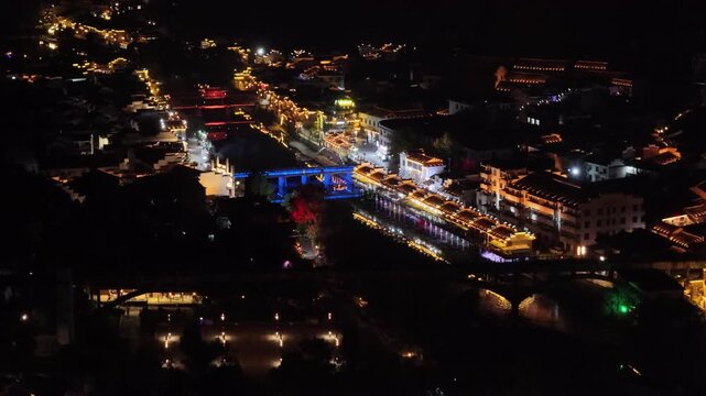 Aerial Night View of Ancient Jingdezhen Town, Fuliang County, Jiangxi Province