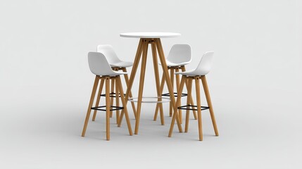Modern minimalistic high table with four white stools on a light background for contemporary dining or workspace setting