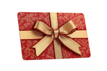 Red Gift Box with Gold Ornate Pattern and Cream Satin Bow on Black Background present