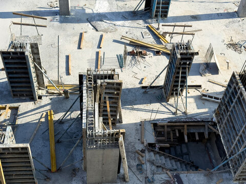 Formworks Prepared for Concrete Columns and Stairs at Construction
