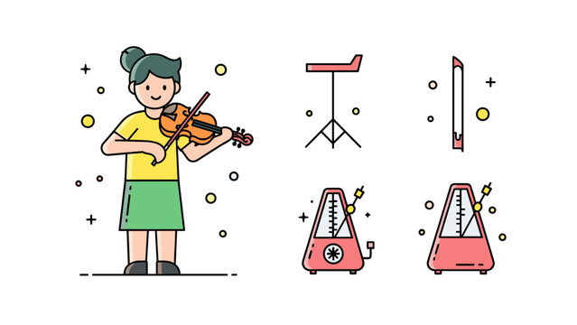 Young girl playing a beautiful violin with musical accessories illustration.