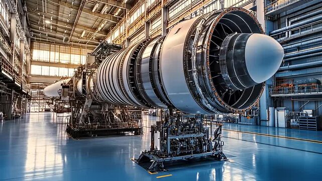 Massive Aircraft Jet Engine Assembly In A Bright Industrial Factory Hangar With Sunlight Glinting Off Polished Metal Components And Blue Floor Reflecting The Machinery