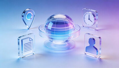 futuristic digital global network concept with 3d glass icons representing world location tracking document management user profile and time synchronization on a bright blue background