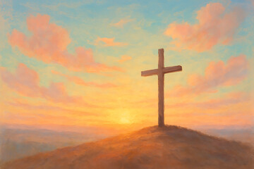 Digital painting of Cross on hill with sunrise clouds in pastel-colored sky with soft pastel light