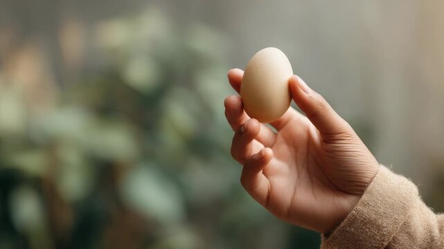 Hand holding an egg on nature background