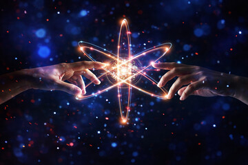 AI generated image of two human hands interacting with a glowing atomic structure representing physics quantum science energy control and advanced technological discovery