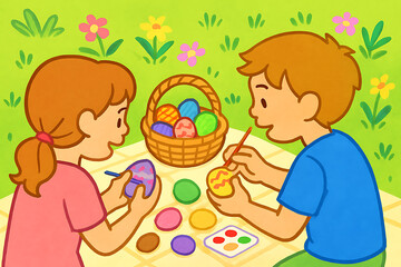  illustration of Kids decorating eggs on outdoor picnic with bright cheerful light