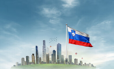 Slovenia national flag waving with modern cityscape. A beautiful national flag poster. Slovenia national flag for independence day.