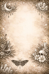 Mystical vintage parchment background with moon, crystals, potion bottle, skull and moth in boho witchy style, perfect for posters and tarot designs.