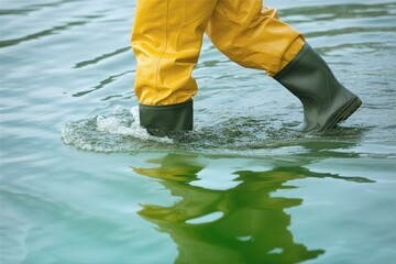 person in hazmat suit walk in green liquid. Protection in hazardous environment